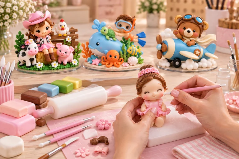Artesã modelando um topo de bolo infantil em biscuit em uma bancada de ateliê