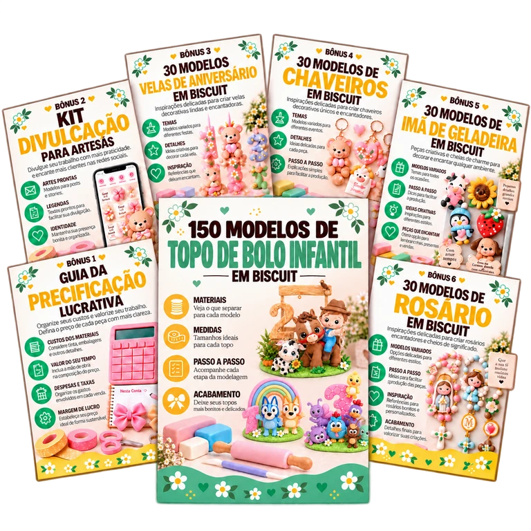 Kit Completo de 150 Modelos de Topo de Bolo Infantil em Biscuit com seis bônus