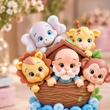 Topo de bolo infantil com arca e animais em biscuit