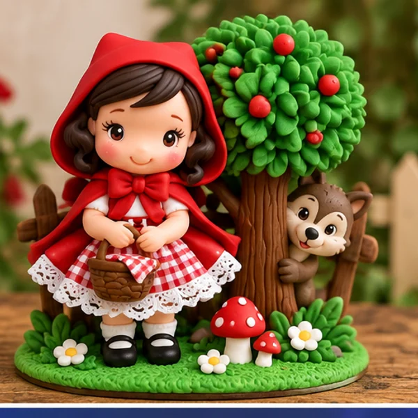 Topo de bolo infantil de conto clássico com capuz vermelho em biscuit