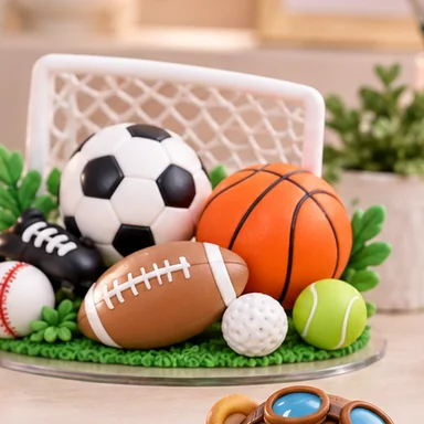 Topo de bolo infantil com tema de esportes em biscuit