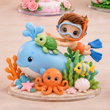 Topo de bolo infantil com tema fundo do mar em biscuit