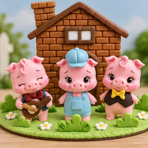 Topo de bolo infantil dos três porquinhos em biscuit